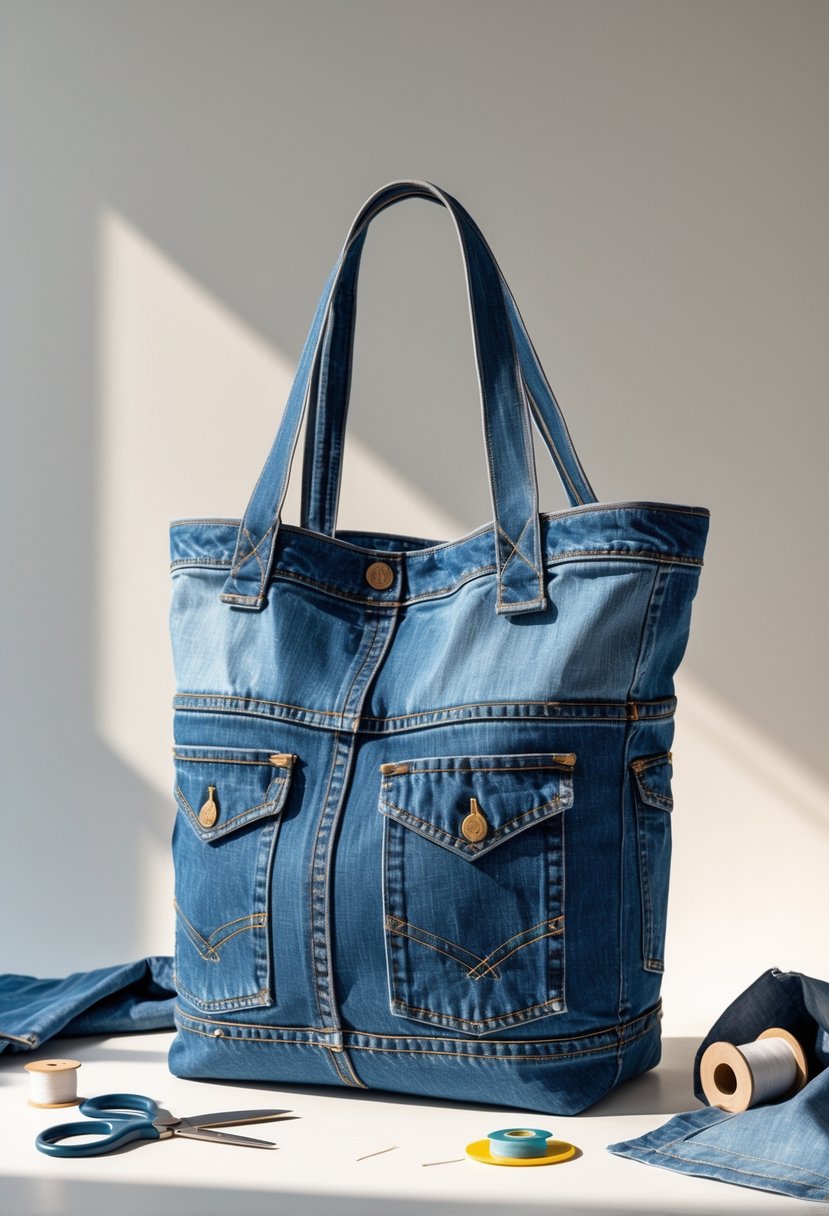 A denim tote bag made from old jeans displayed with sewing materials on a neutral background.
