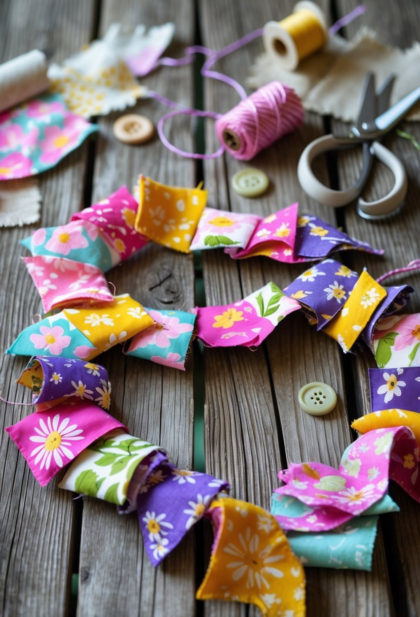 A colorful garland made from various floral fabric scraps arranged on a wooden surface with crafting tools nearby.