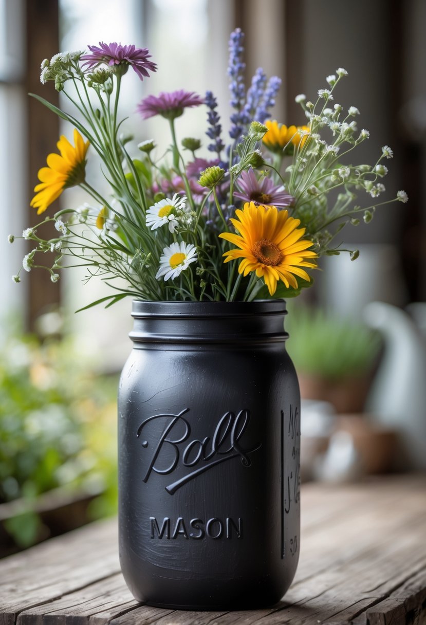 A mason jar painted with black chalkboard paint used as a vase holding a bouquet of wildflowers on a wooden table.