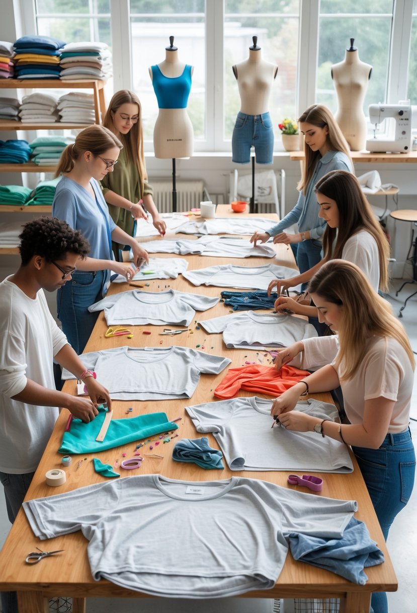 People working together to turn oversized shirts into crop tops using sewing tools and fabric in a bright studio.