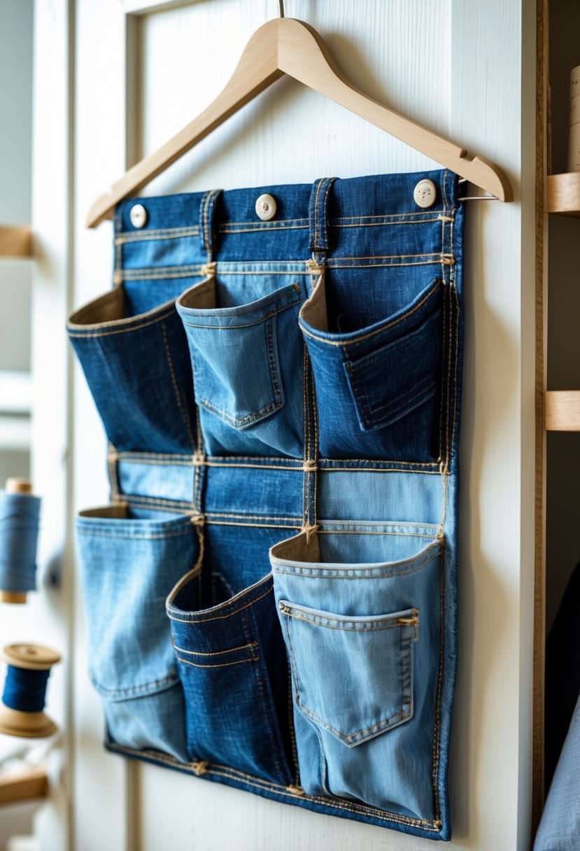 An upcycled denim pocket organizer made from old jeans hanging on a wooden surface with crafting materials nearby.