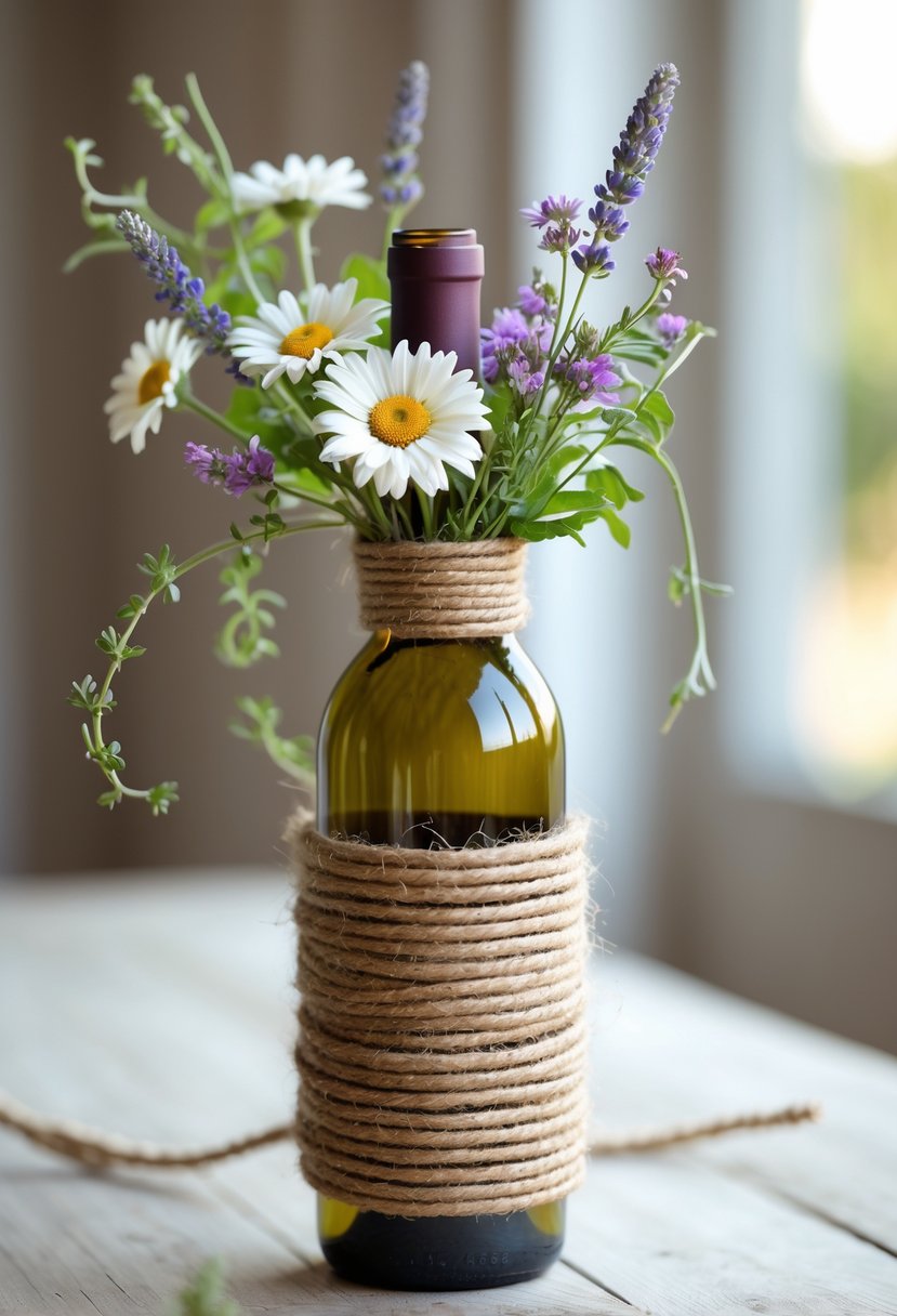 A wine bottle wrapped in jute twine holding a bouquet of wildflowers on a wooden surface.