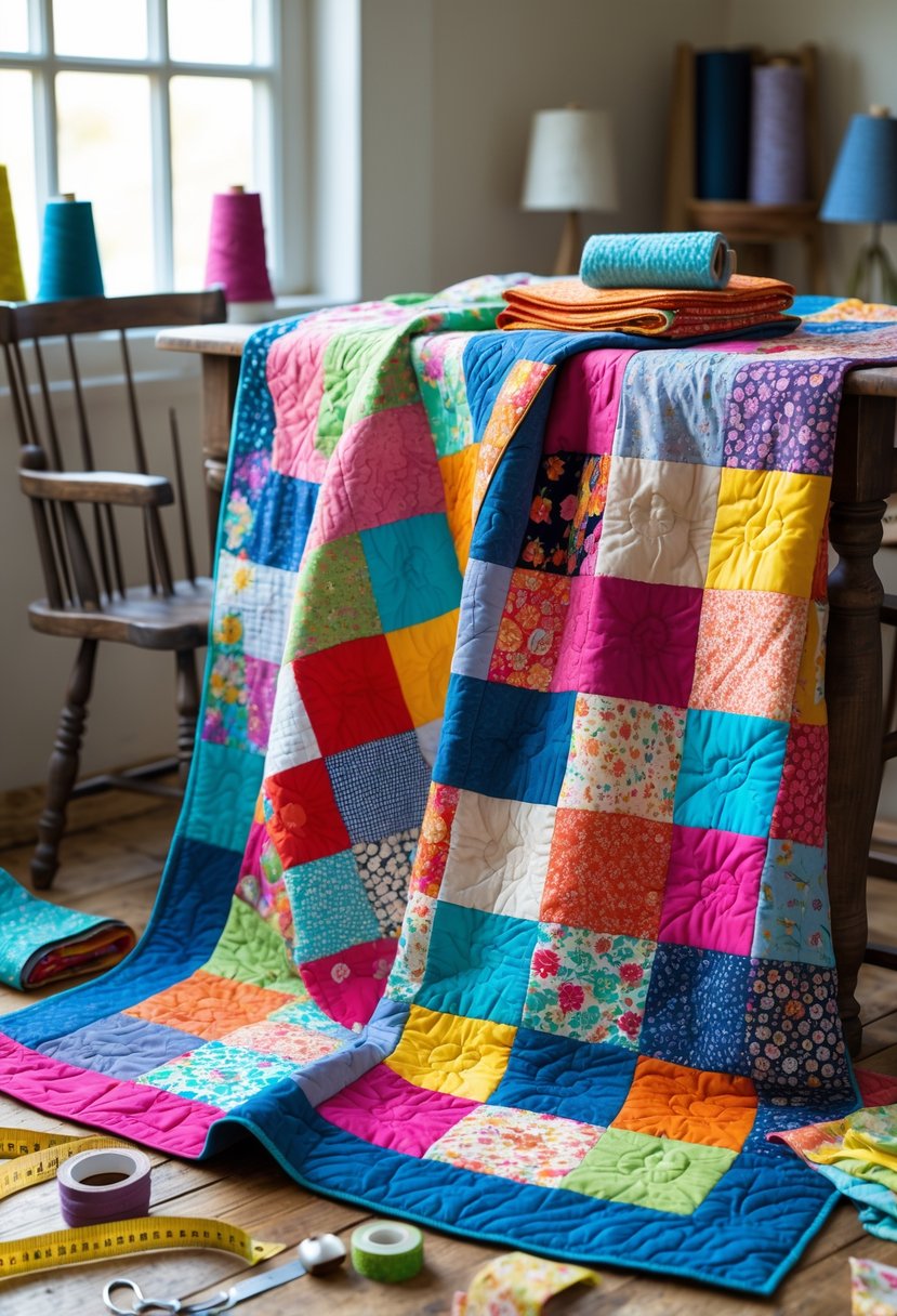 Colorful patchwork quilts made from fabric scraps displayed on a wooden table with sewing tools nearby.
