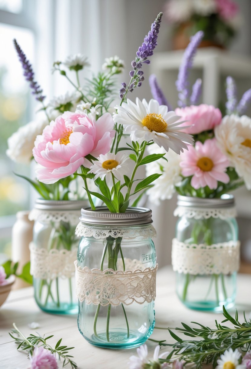 Mason jars decorated with lace trim holding colorful fresh flowers on a wooden table in a bright room.