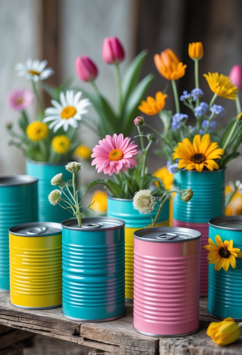 A collection of colorful painted tin cans used as flower vases holding fresh flowers on a wooden surface.