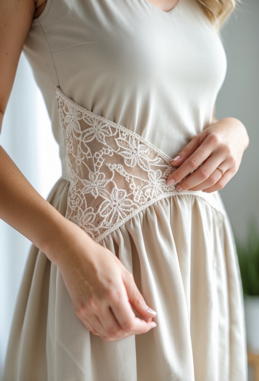 Close-up of a woman wearing a dress with lace inserts, showing her hands gently touching the lace detail.