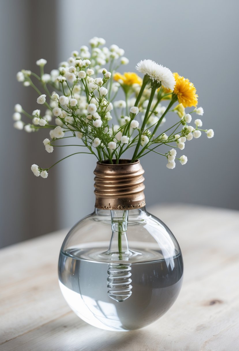 An old light bulb used as a small vase holding a bouquet of white and yellow flowers on a wooden surface.