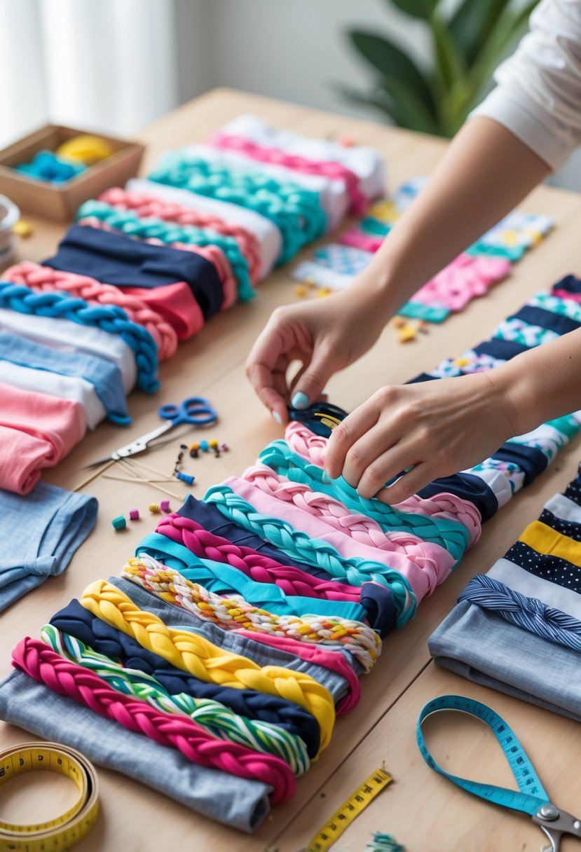 Hands braiding colorful fabric strips into headbands on a wooden table with sewing tools nearby.