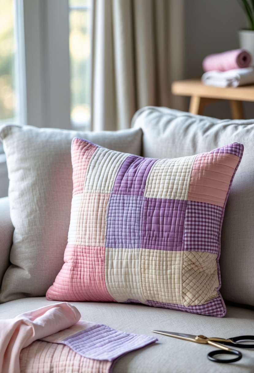 A patchwork quilted throw pillow on a sofa with sewing supplies on a nearby table.