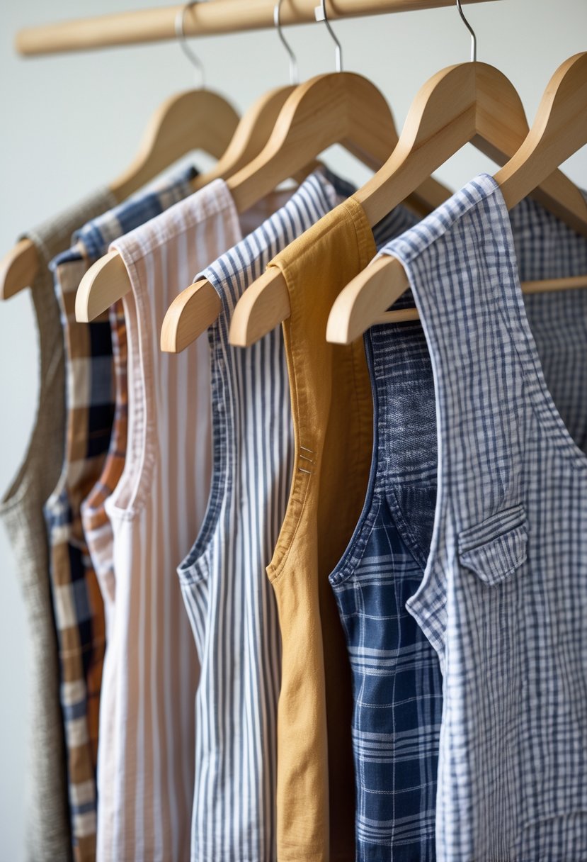 Sleeveless vests made from upcycled button-up shirts hanging on wooden hangers against a plain background.