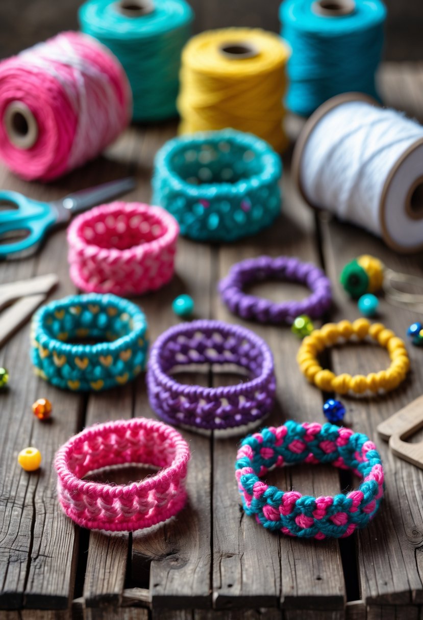 Colorful handmade t-shirt yarn bracelets displayed on a wooden table with crafting materials around them.