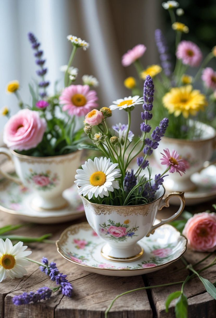 A collection of vintage teacups filled with fresh flowers arranged on a wooden table.