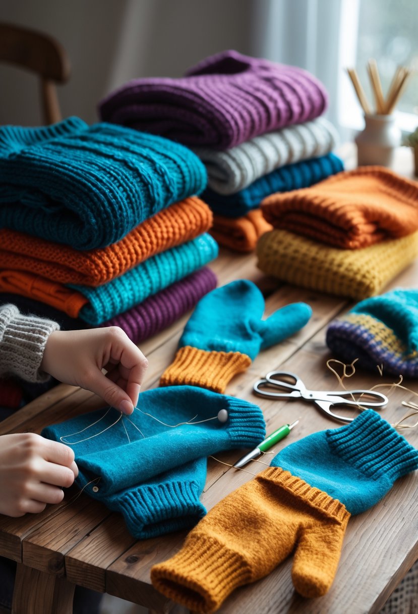 Hands crafting cozy mittens from colorful sweaters on a wooden table with sewing tools nearby.