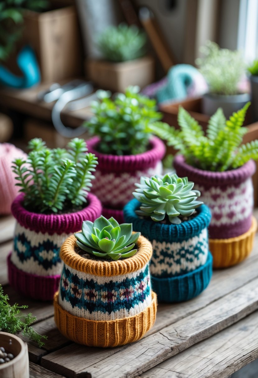 Several colorful sweater sleeve planters holding green houseplants arranged on a wooden table with craft supplies in the background.