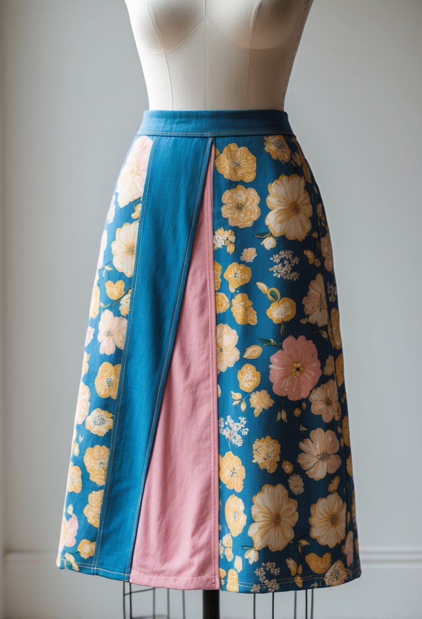 A reversible skirt displayed on a mannequin showing two different fabric patterns on each side.