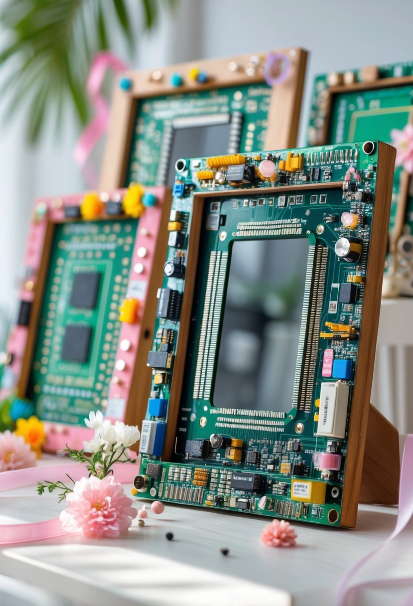 A collection of picture frames made from old circuit boards decorated with colorful electronic parts and girly craft elements arranged on a wooden surface.