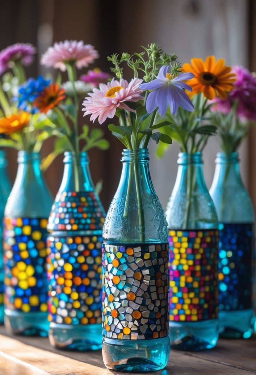 Glass soda bottles decorated with colorful mosaic tiles used as flower vases holding fresh flowers on a wooden surface.