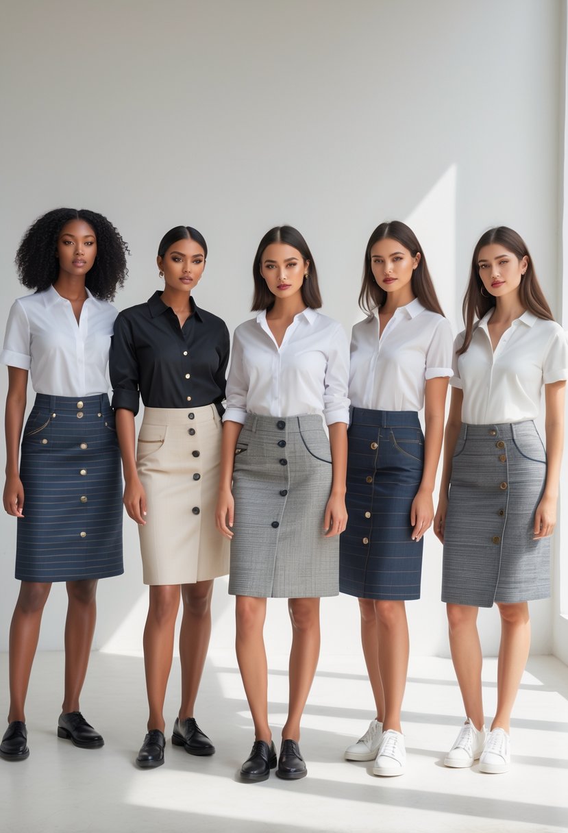 Six women standing and modeling skirts made from men's dress shirts in a clean studio setting.