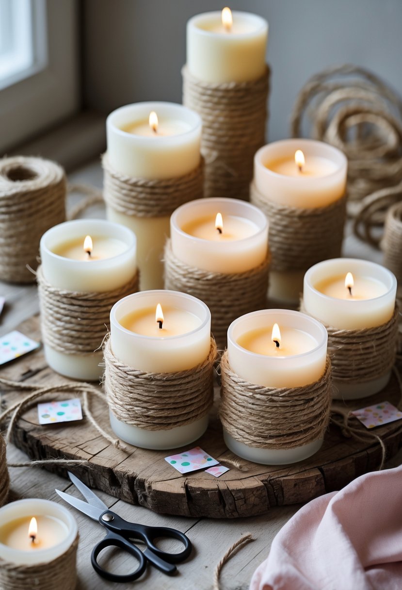 A group of candles wrapped in rope displayed on a wooden surface surrounded by crafting materials.