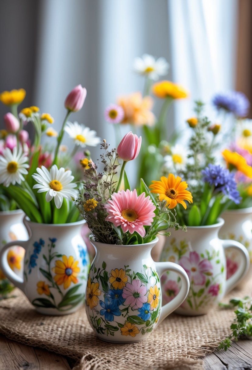 A group of hand-painted ceramic mugs used as flower vases holding fresh flowers on a wooden table.
