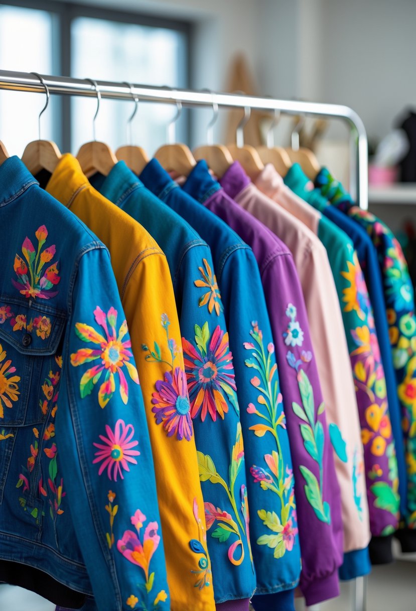 A collection of plain jackets decorated with colorful fabric paint designs hanging on a rack in a bright studio.