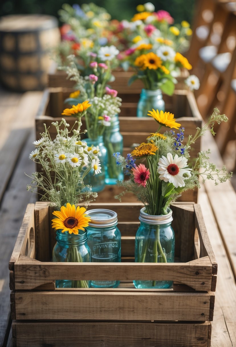 Recycled wooden crates arranged with upcycled flower vases filled with colorful flowers on a wooden surface.