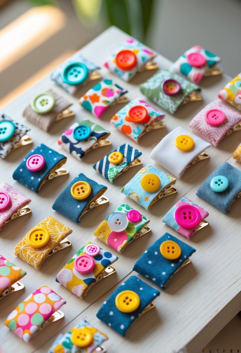 A collection of colorful handmade hair clips decorated with buttons arranged on a wooden surface.
