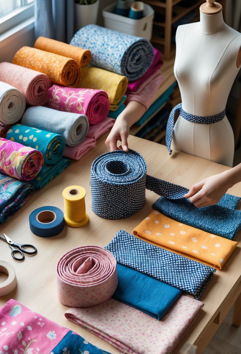 Hands tying a fabric belt made from colorful scarves around a mannequin waist on a wooden table with sewing tools nearby.