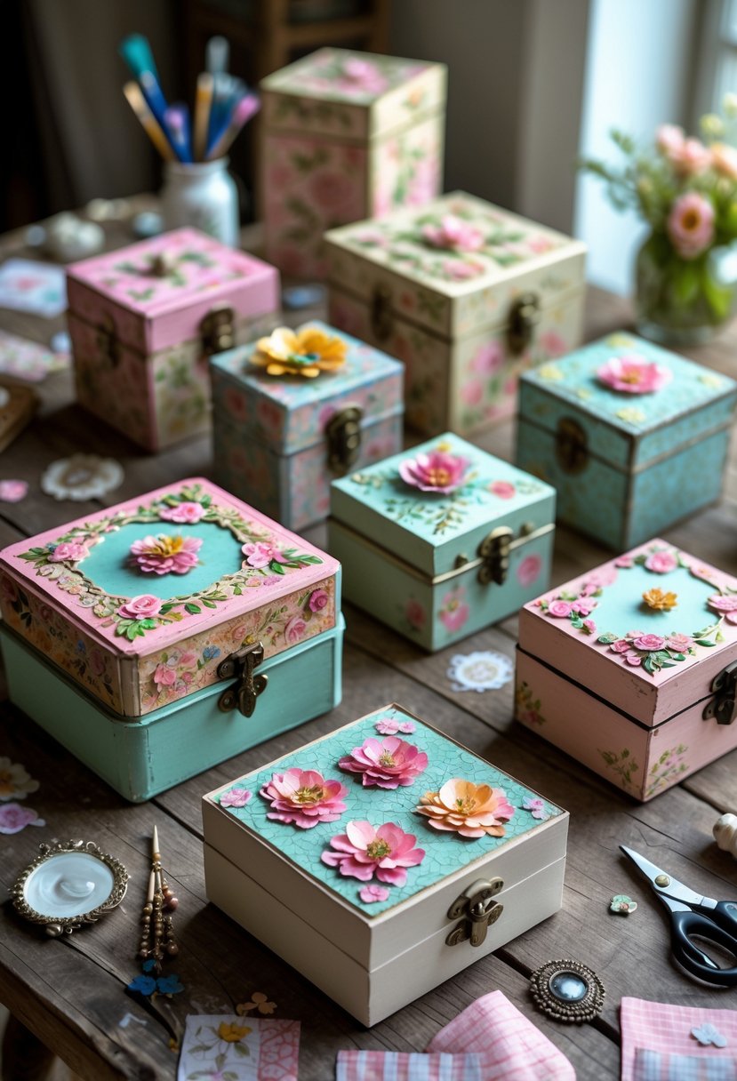 A collection of decorated jewelry boxes on a wooden table surrounded by craft supplies like scissors, glue, and decorative paper.
