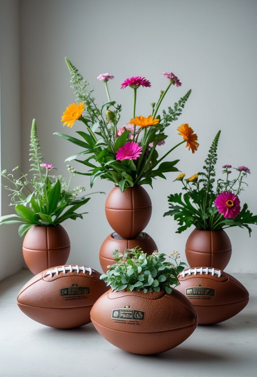 Several used footballs cut open and used as planters holding colorful flowers and green plants on a neutral surface.