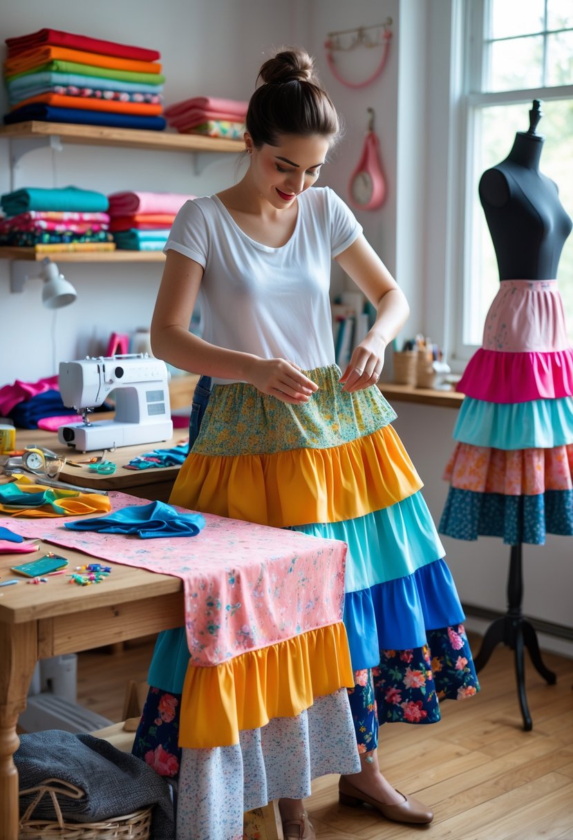 Hands arranging fabric layers on a table to create a tiered skirt from a maxi dress, with sewing tools and finished skirts displayed nearby.
