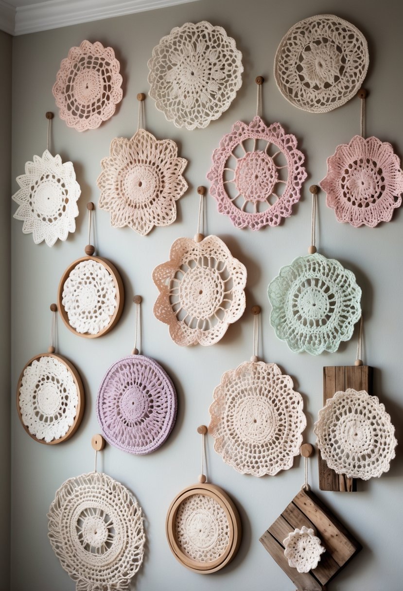 A collection of 15 crochet doily wall hangings arranged on a wall, featuring various patterns and pastel colors, displayed in wooden hoops and on reclaimed wood.