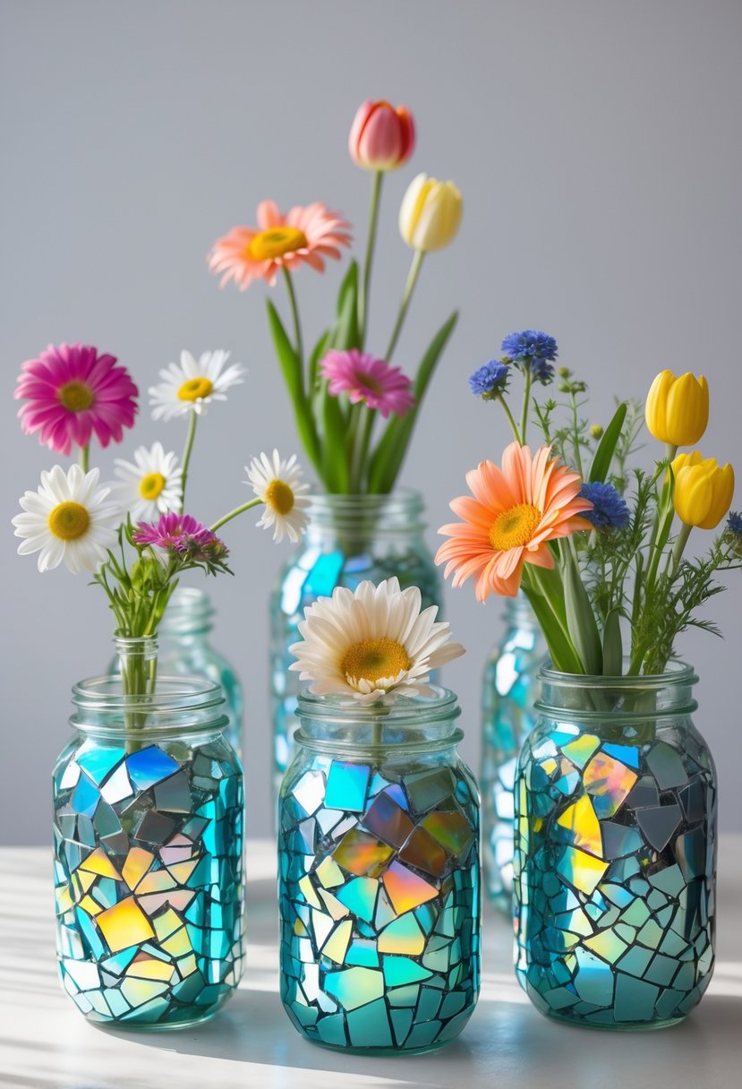 Several glass jars decorated with broken CD pieces used as vases holding colorful flowers on a neutral background.
