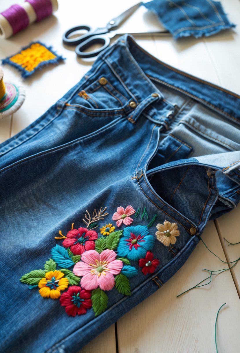 Hands cutting worn denim jeans into shorts with colorful embroidery being added along the hem on a wooden table with sewing supplies around.