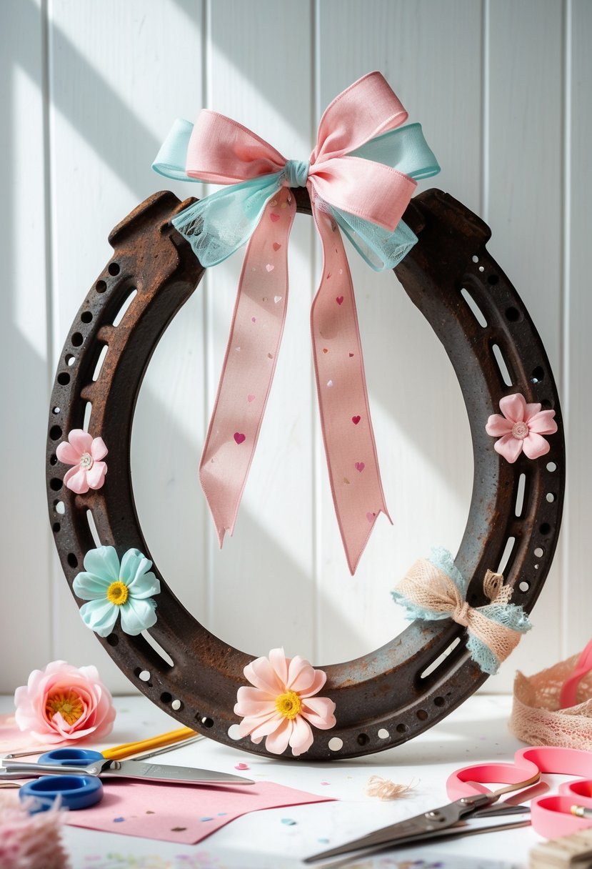 A heart-shaped love sign made from rusty horseshoes decorated with ribbons and flowers on a wooden table surrounded by craft supplies.