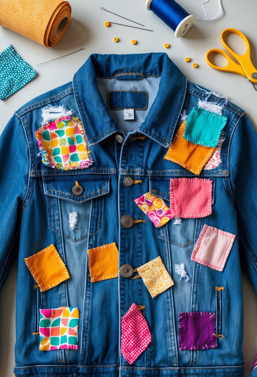 A denim jacket with colorful fabric patches covering holes, surrounded by sewing tools and fabric scraps.