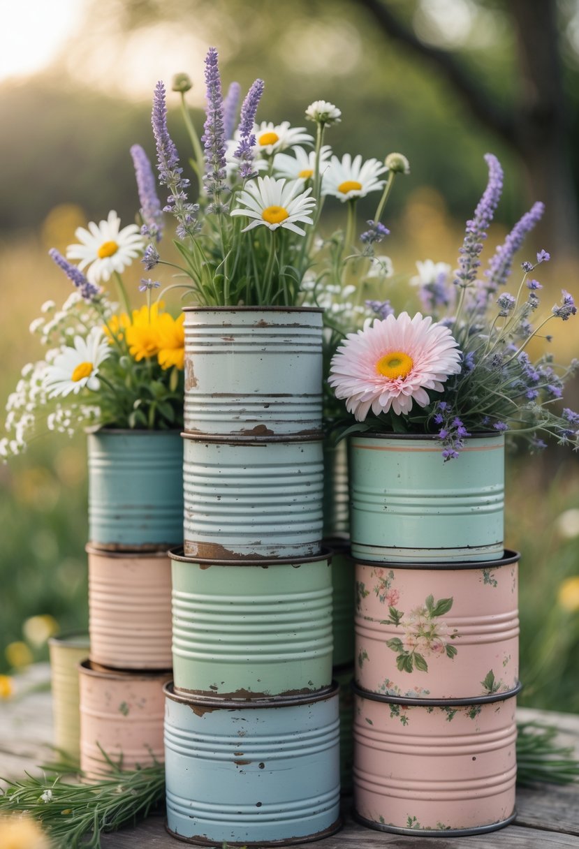 Stacked antique tin cans painted and used as flower vases holding colorful fresh flowers.