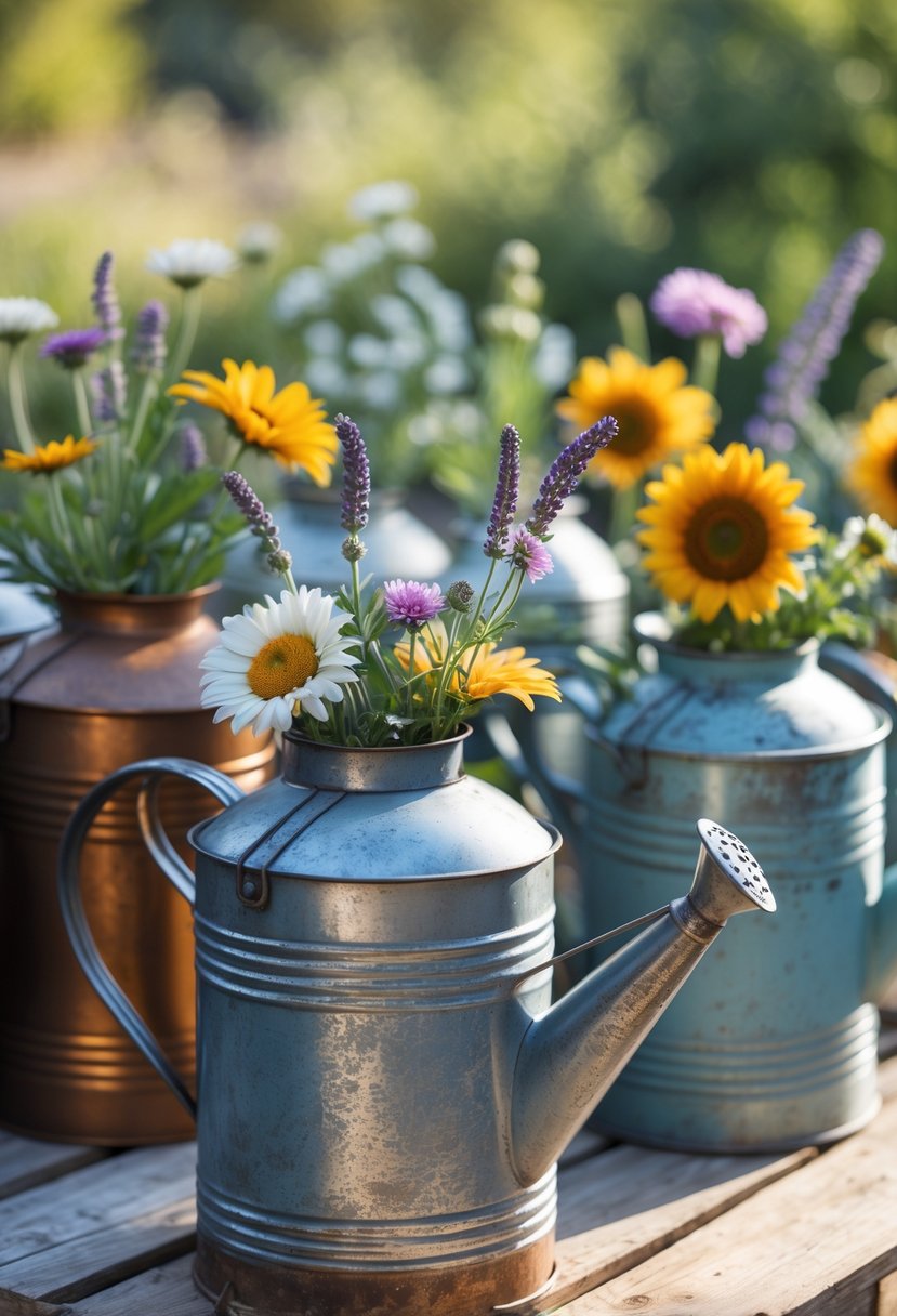 Thirteen metal watering cans used as flower vases, arranged on a wooden surface with various colorful flowers inside them.