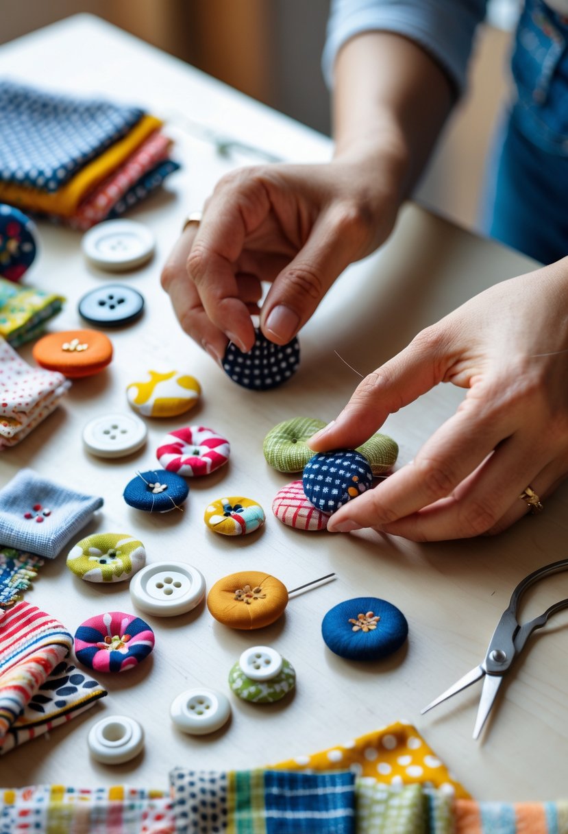 Hands making fabric-covered buttons from colorful scrap textiles on a wooden table with crafting tools.