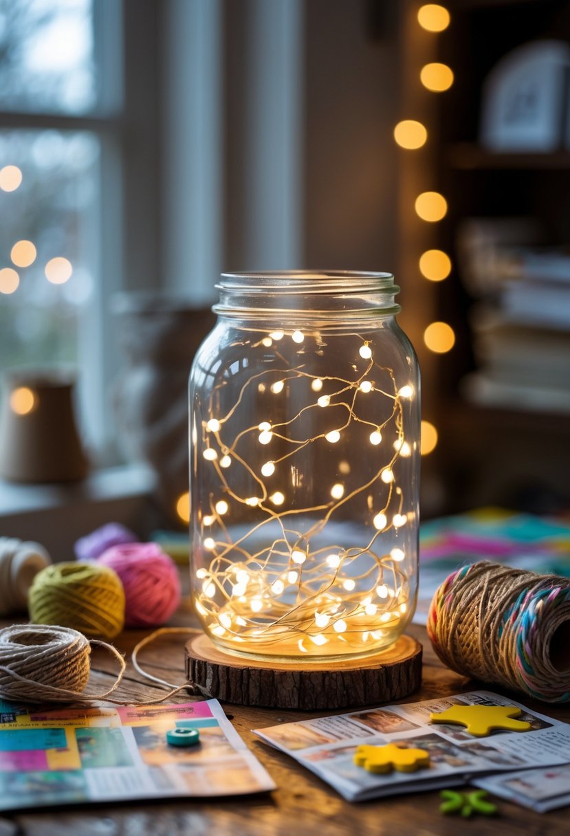 A glass jar filled with glowing fairy lights on a wooden table surrounded by craft supplies and recycled materials.