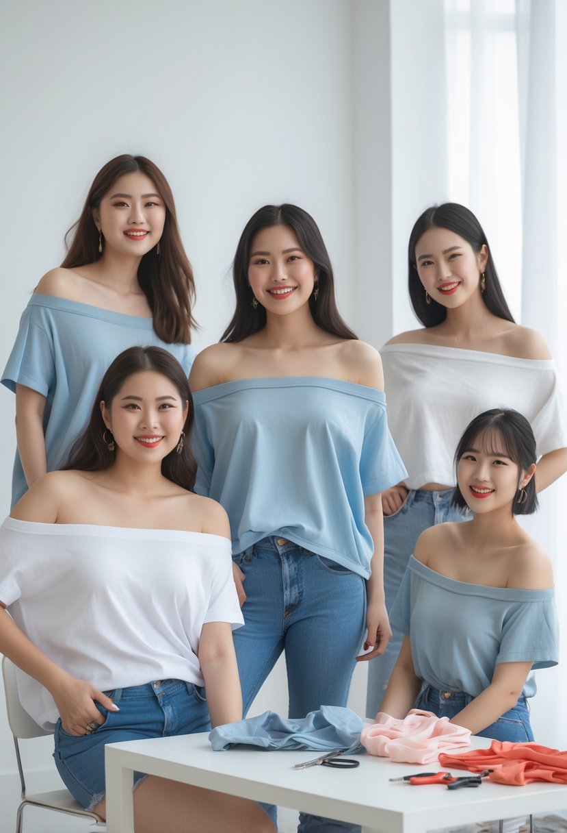 A group of young adults wearing off-shoulder tops made from oversized t-shirts, standing and smiling in a bright studio with sewing materials nearby.