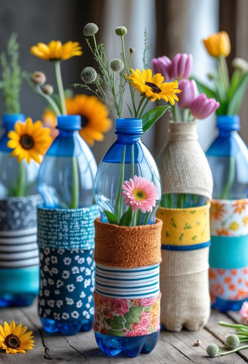 Several plastic detergent bottles cut and wrapped in colorful fabrics, used as flower vases holding fresh flowers on a wooden table.
