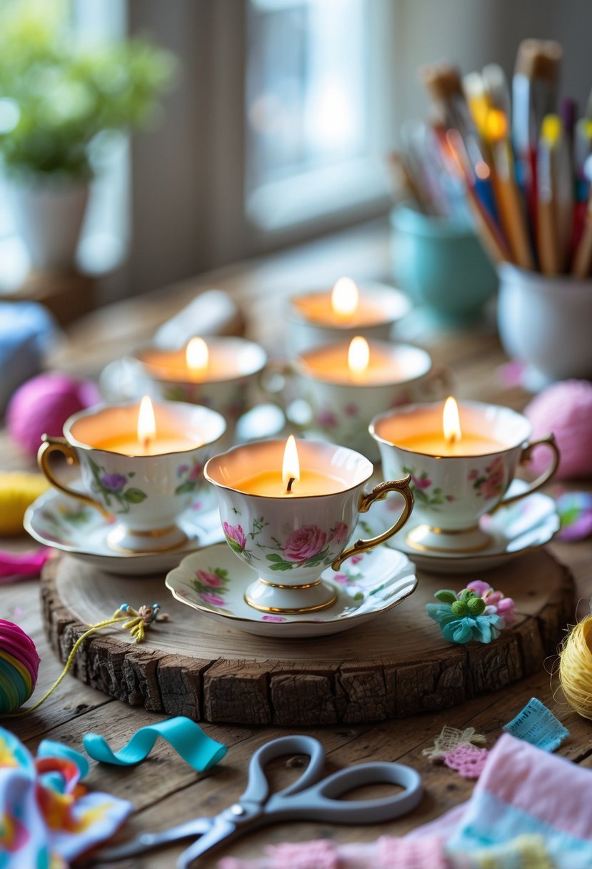 Several vintage tea cups holding lit candles arranged on a wooden table with crafting supplies around them.