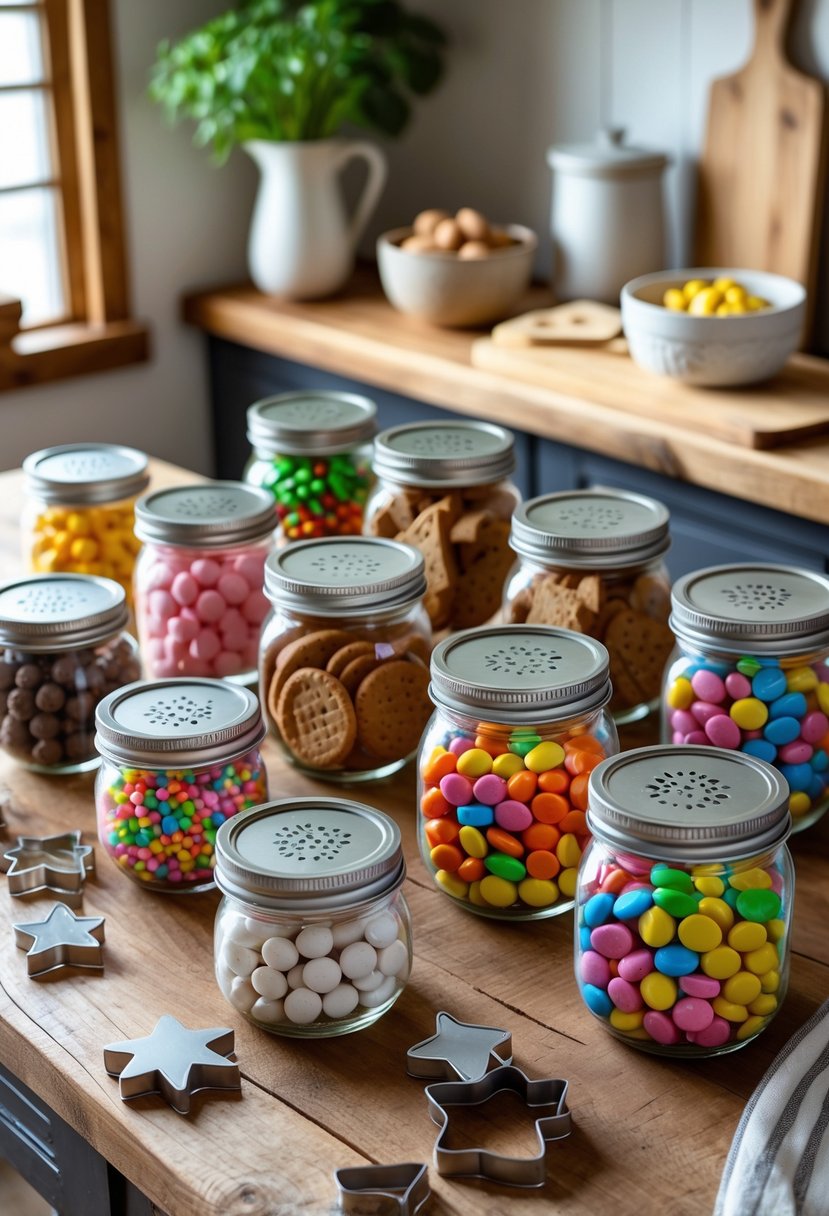 Fifteen mason jars with cookie cutter lids filled with colorful candies arranged on a wooden kitchen table with kitchen items in the background.
