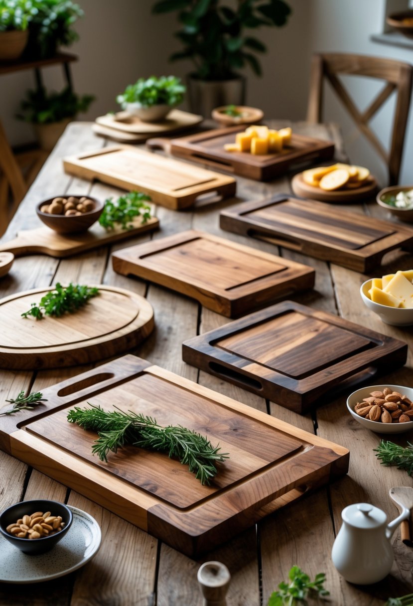 A collection of 15 upcycled wooden cutting board serving trays displayed on a wooden table with kitchen items around them.