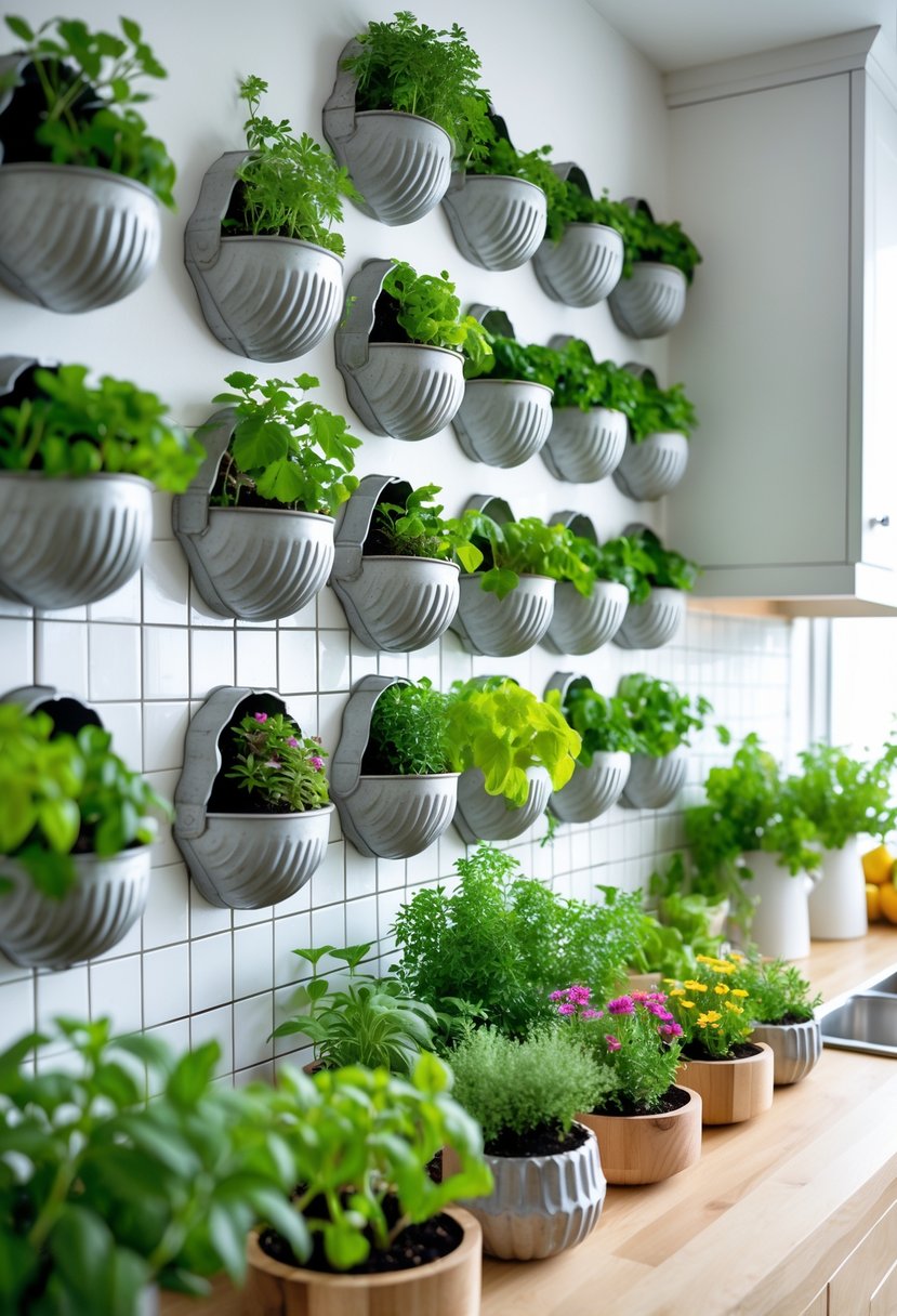 A kitchen wall with 15 upcycled Bundt pan planters filled with green herbs and small flowers, arranged neatly in a bright and clean kitchen setting.