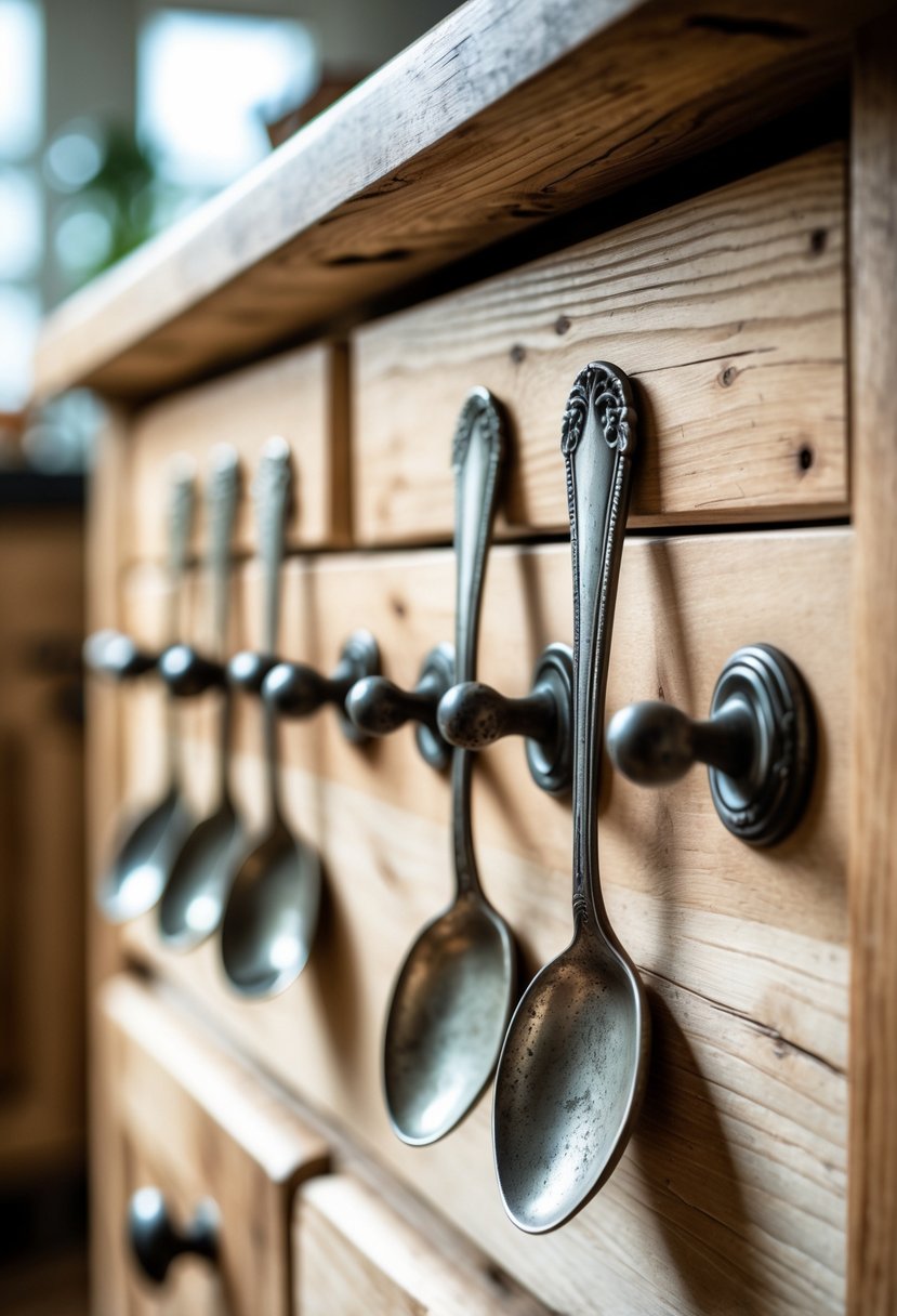 Close-up of old metal spoons used as drawer handles on wooden kitchen drawers.