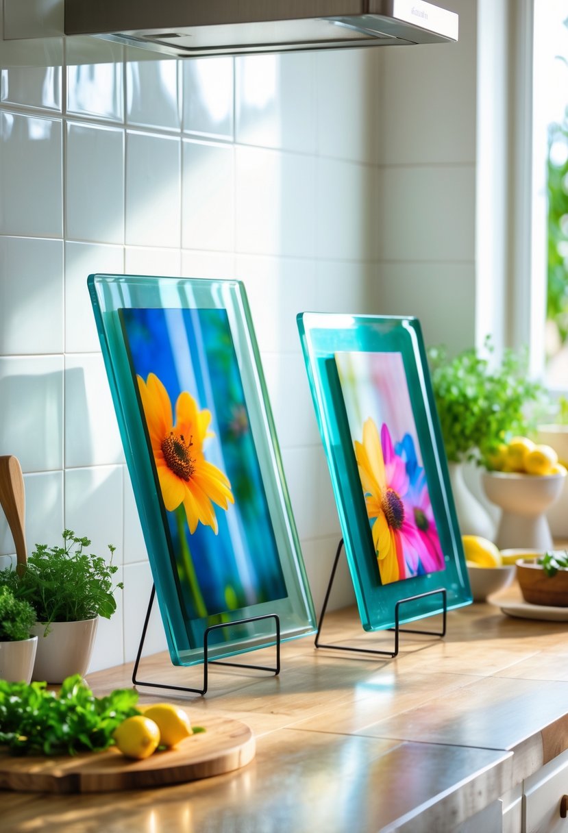 Several glass cutting boards used as photo frames displayed on a kitchen countertop with fresh herbs and kitchen utensils nearby.