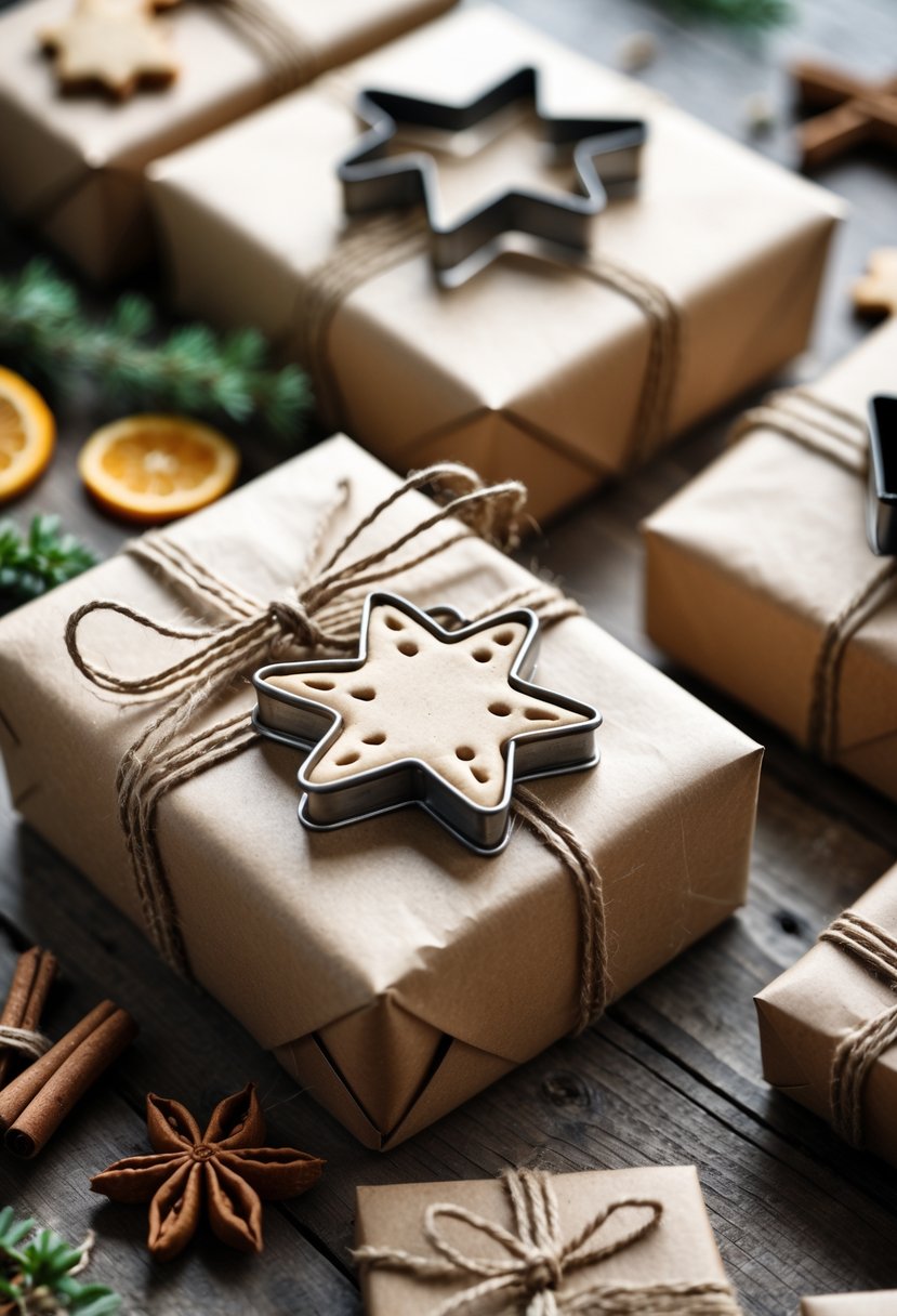 Gift boxes wrapped in brown paper with vintage metal cookie cutters used as gift tags, placed on a wooden surface with cinnamon sticks and greenery around.