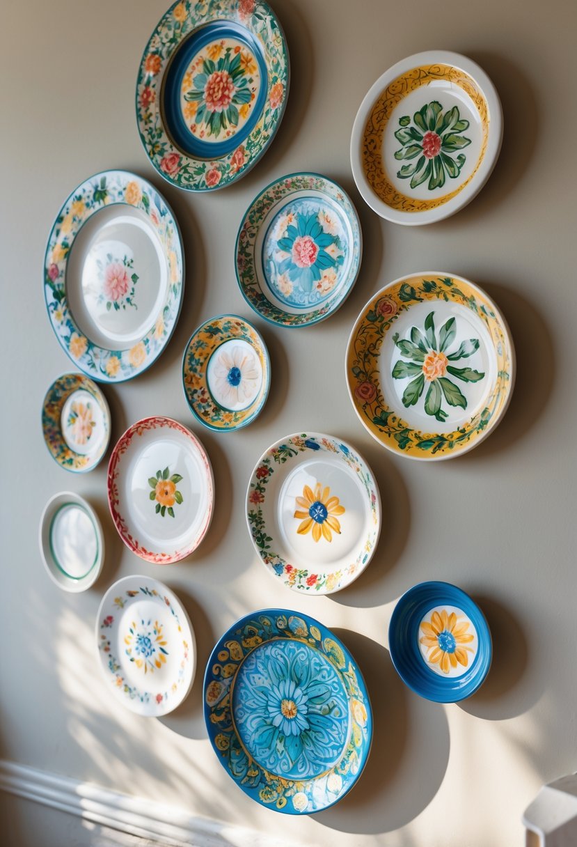 A collection of painted ceramic dishes displayed as decorative wall art on a wall.
